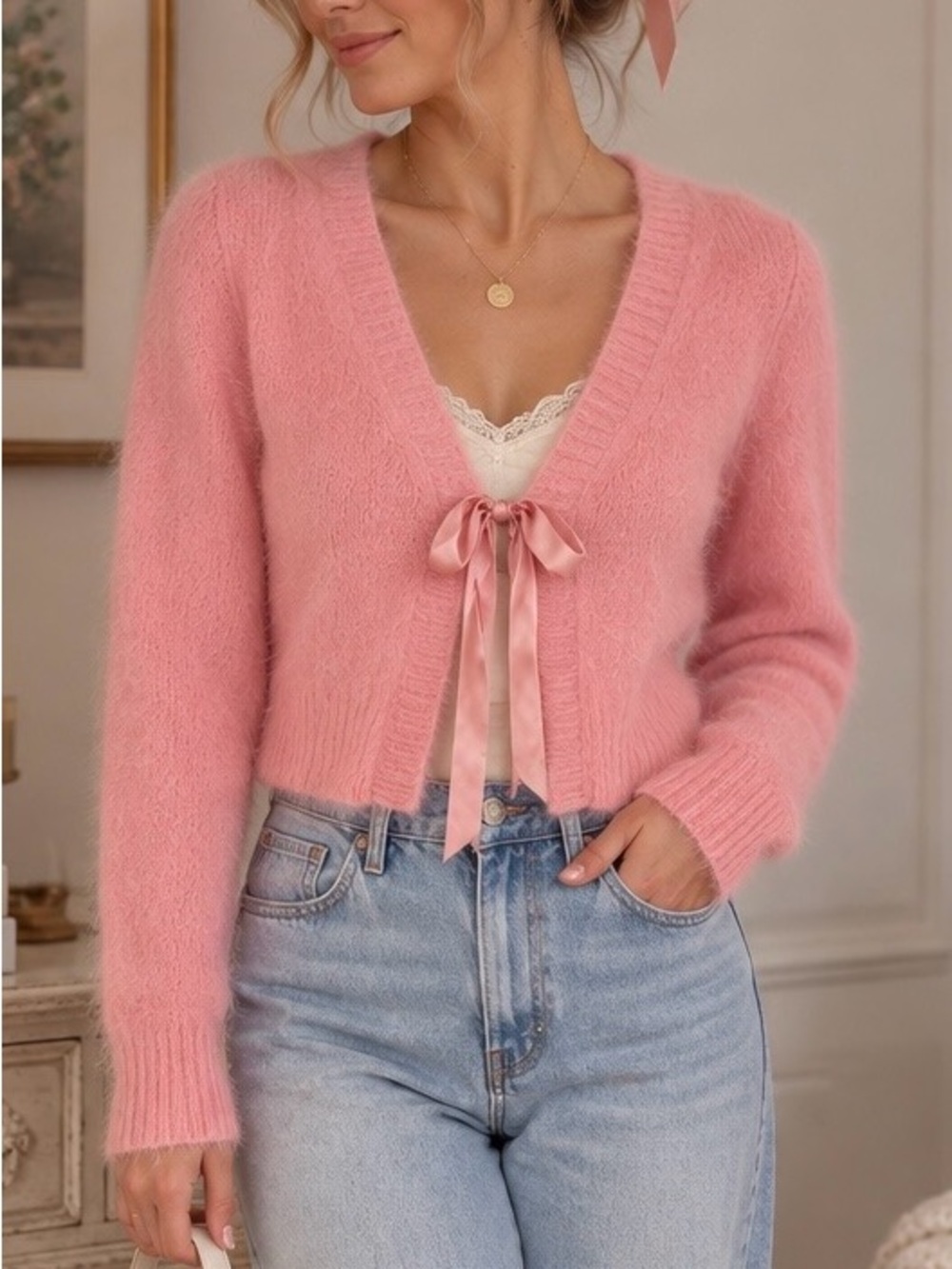 Y2K Banana Republic XS Pink 70% Angora Cardigan Satin Bow Tie Coquette Ballet